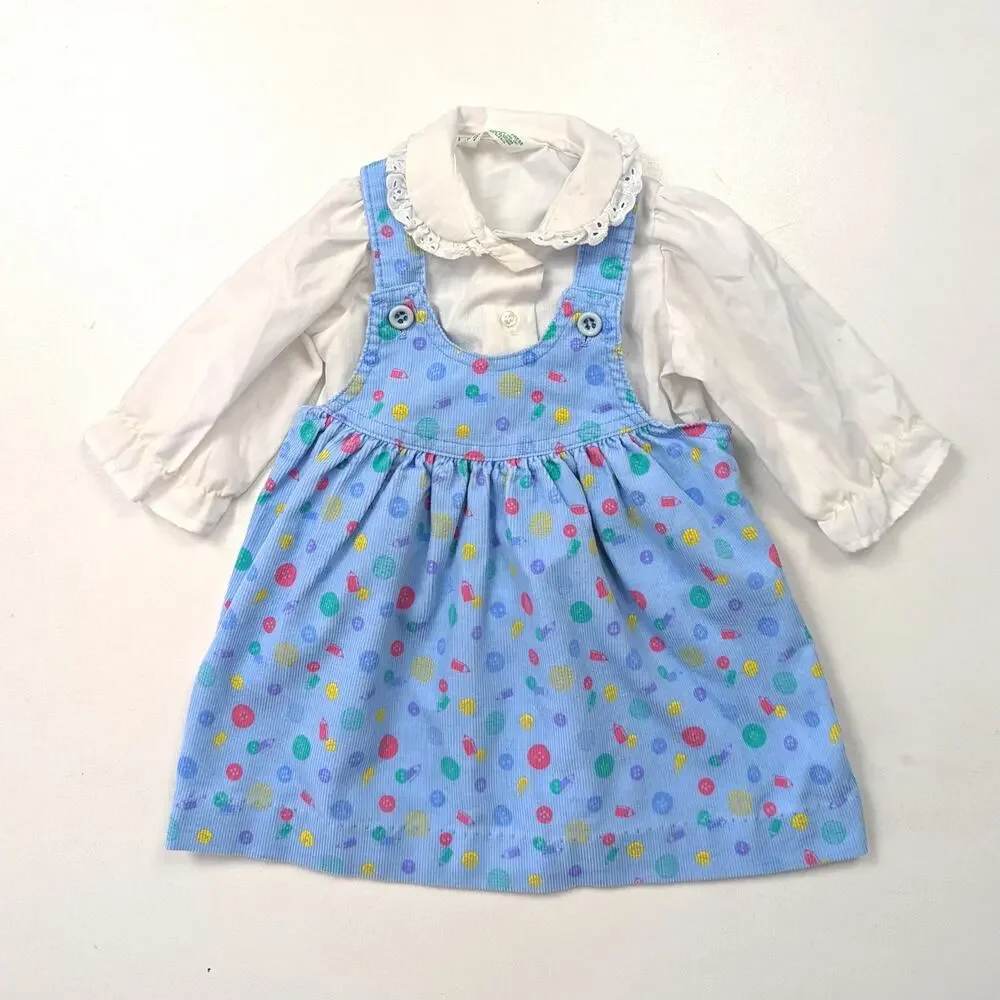 Vintage Healthtex Dress Girls Sz 18m Blue Pinafore Jumper Corduroy Outfit 80s
